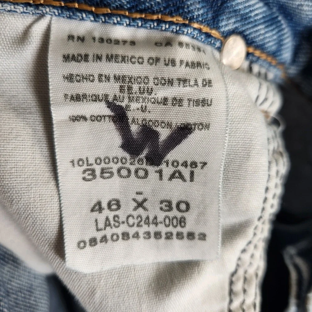Vtg Wrangler Rugged Wear Jeans 46x30 Light Wash‎ Distressed Faded USA Workwear